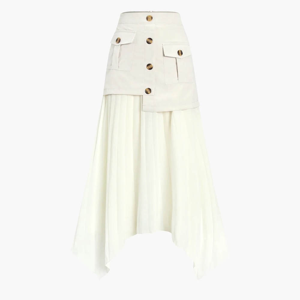 Commense Ivory Button-Front Asymmetrical Pleated Midi Skirt - Picture 3 of 6